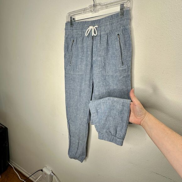Athleta Chambray Blue Cabo Casual Linen Jogger Pant Tie Waist Front Zip 4 - Picture 6 of 16